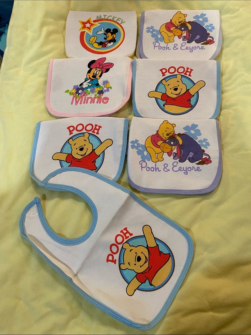 Vintage Disney Baby Bibs Set with Pooh, Minnie & Mickey - White & Pastels NWOT